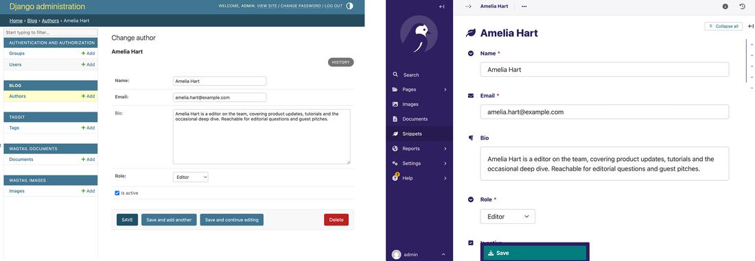 Django admin vs Wagtail: The edit view — `panels` and `fields` produce the same form, but Wagtail's is the one you'd show a client.