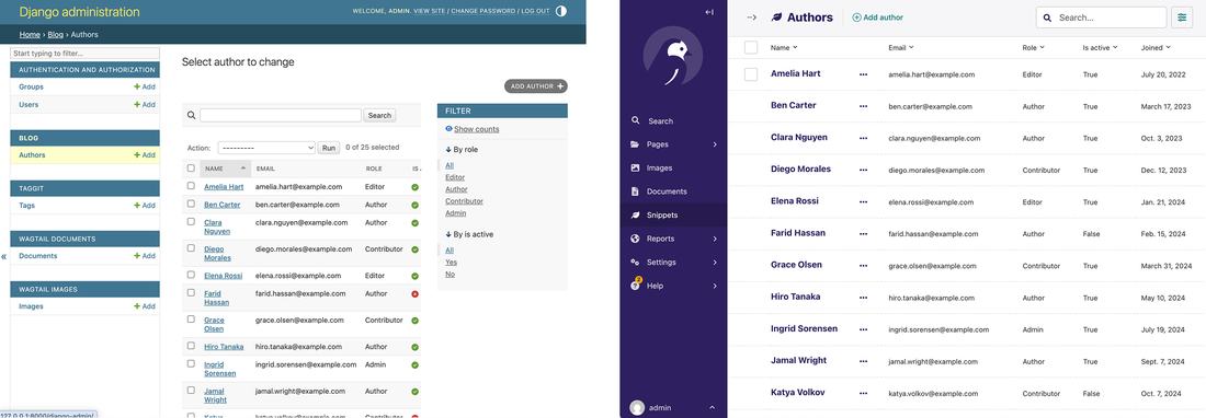 Django admin vs Wagtail: The list view — same `list_display`, `list_filter`, and `search_fields`, two very different results.
