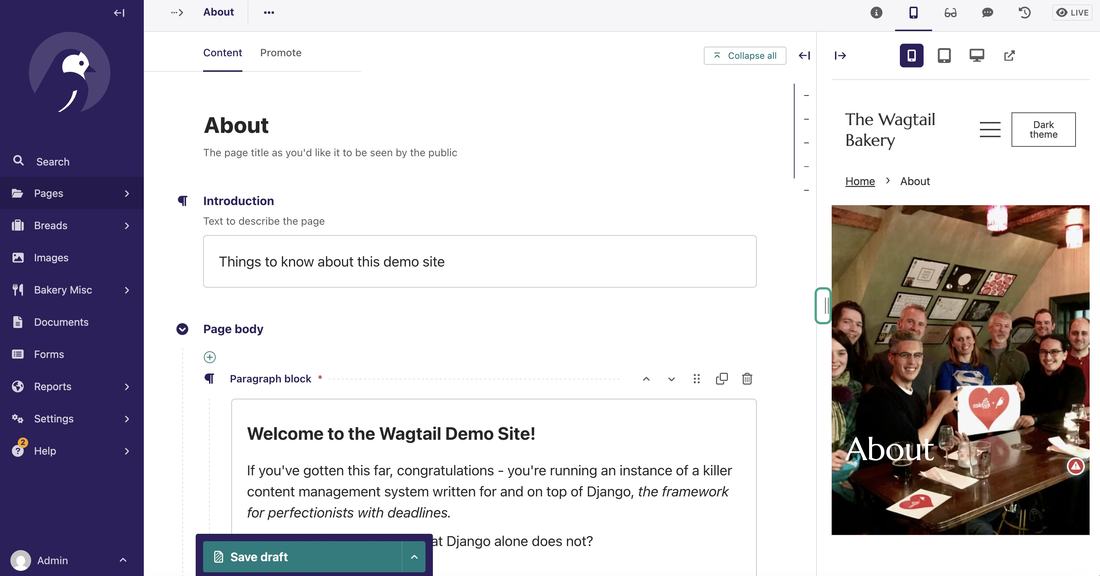 The Wagtail admin — the polished UI that does the selling for you.